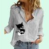 Women Fashion Cat Print Shirt Spring&summer Cotton Linen Top Ladies Casual Long Sleeved Blouses