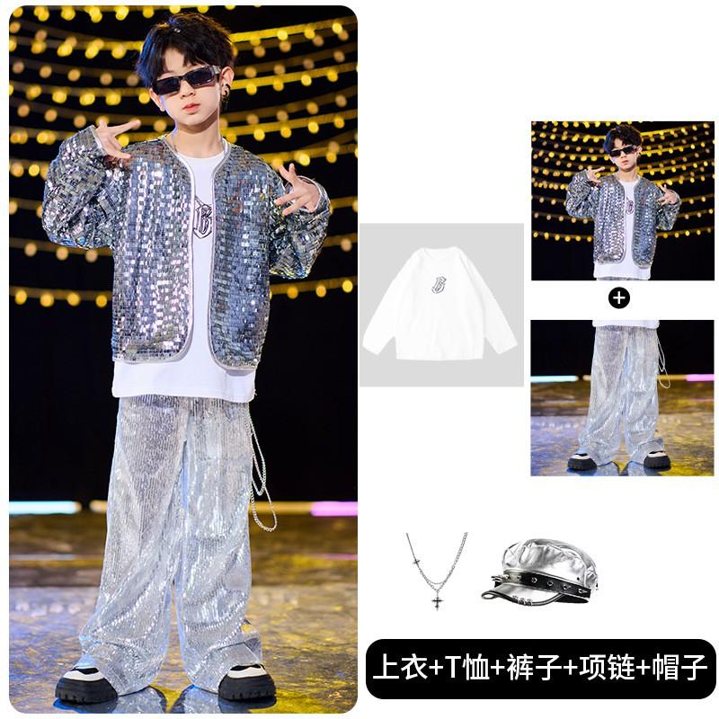 Kids Hip Hop Dance Costume Shiny Sequined Jazz Performance Set Boys Girls