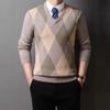 Men's V Neck Sweater Autumn Winter New Argyle Pattern Pullover Knitwear For Layering