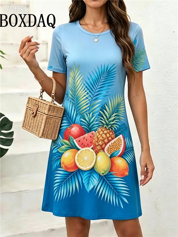 Elegant Sweet Fruit Printing Women Dress Summer Dresses Loose Casual Short Sleeve Tropical Print 3D Print Woman Dress Plus Size