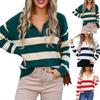 Women's Casual Fashion Comfortable Lapel Pullover Contrast Color Striped Long Sleeve Street Trend Knitted Sweater