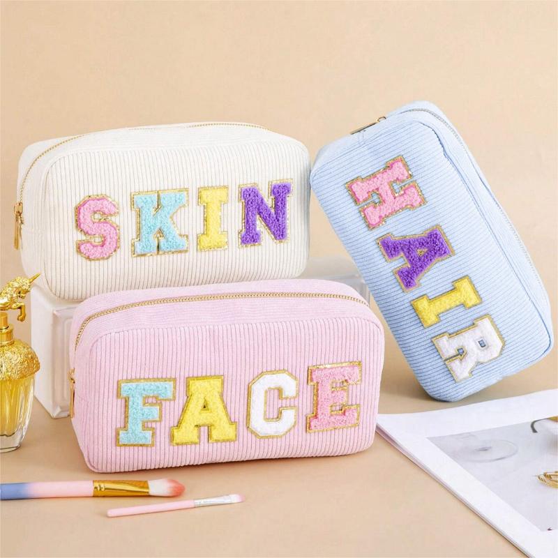 Travel-Friendly Corduroy Makeup Bag with High Capacity and Embroidered Lettering