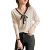 Knitwear Women's Spring and Autumn Temperament V-neck Bow Belt Loose Thin Long-sleeved Blouse