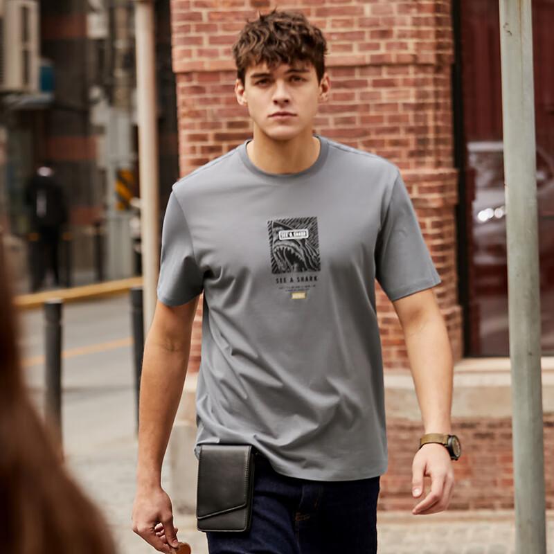 Mr. Bu Shark Print Pure Cotton T-Shirt for Men, Short Sleeve, Summer Fashion, Durable, Loose Fit, Versatile, Bright Moon White, L/175