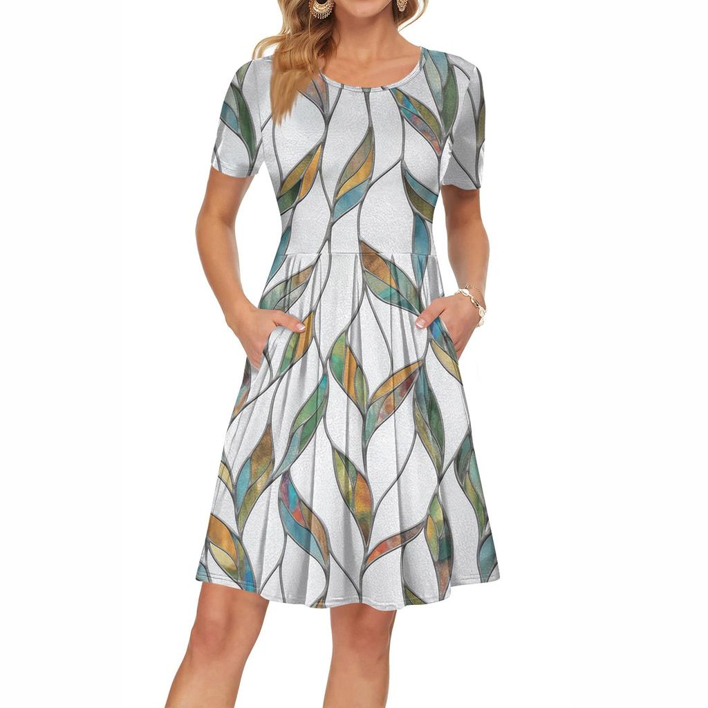 Женское платье с коротким рукавом, плиссированное, свободное, повседневное платье с карманами, платья длиной до колена