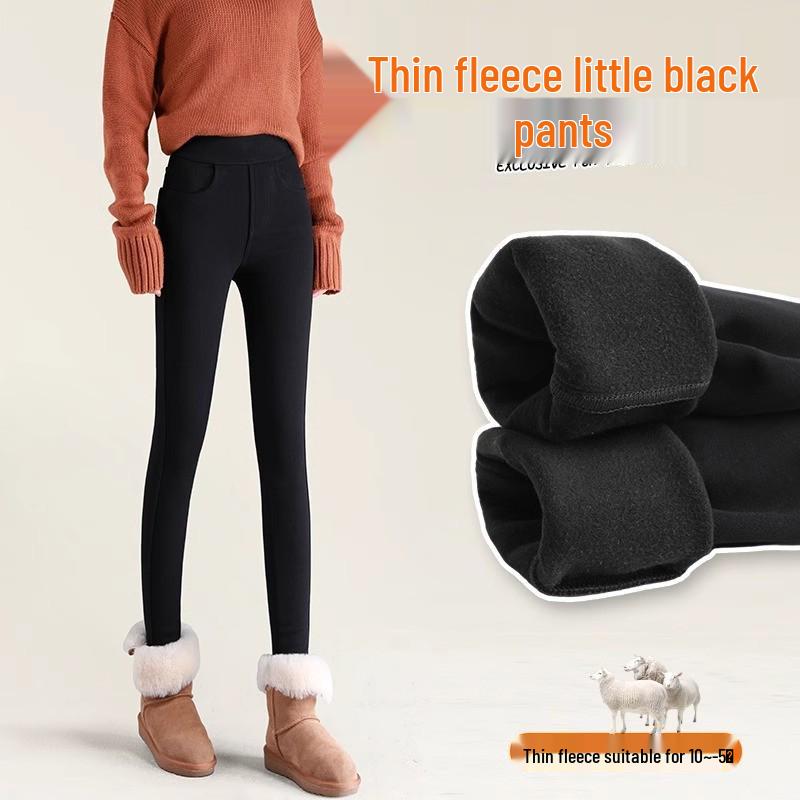 Женские зимние черные леггинсы на флисовой подкладке - Толстый хлопок из овечьей шерсти, Облегающий крой, Стиль осень/зима 2025