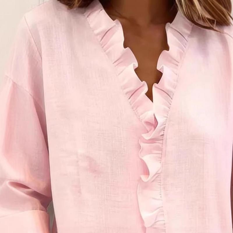2026 Spring New Women's Ruffled Long-Sleeve Casual Solid Color Shirt