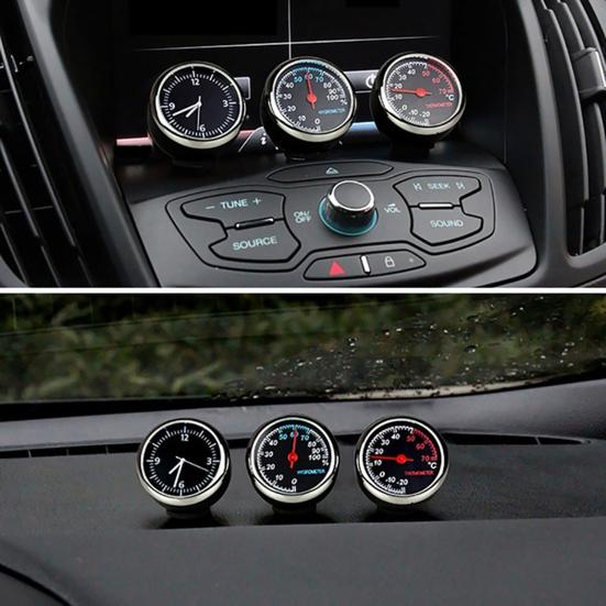 Car Interior Mini Quartz Watch Clock Hygrometer Thermometer Dashboard Ornament