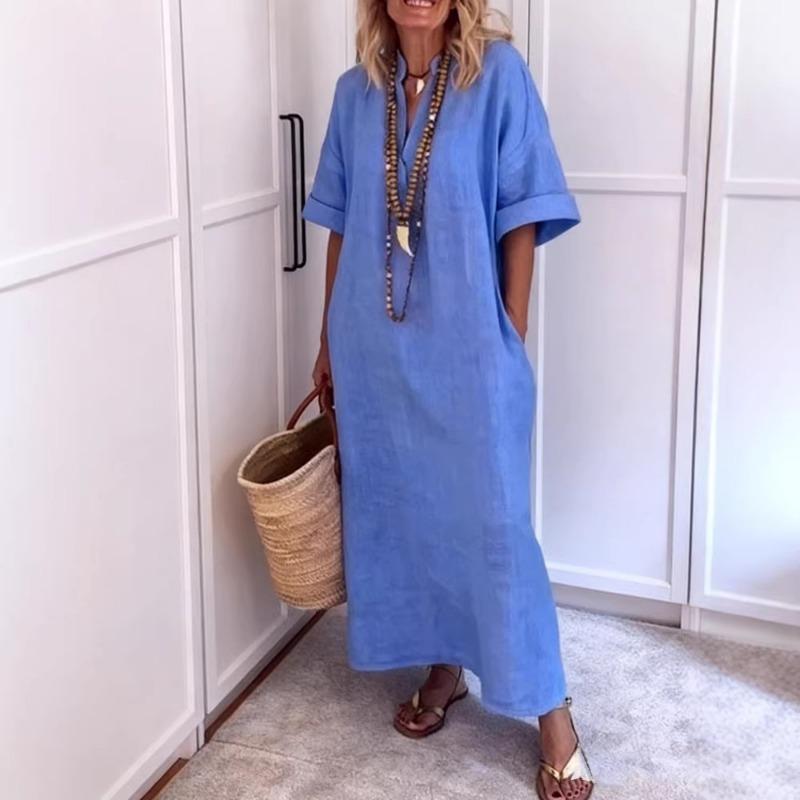 Women's White Linen-Look Maxi Dress Casual Stand Collar Half Sleeve Loose-Fit Tunic Dress