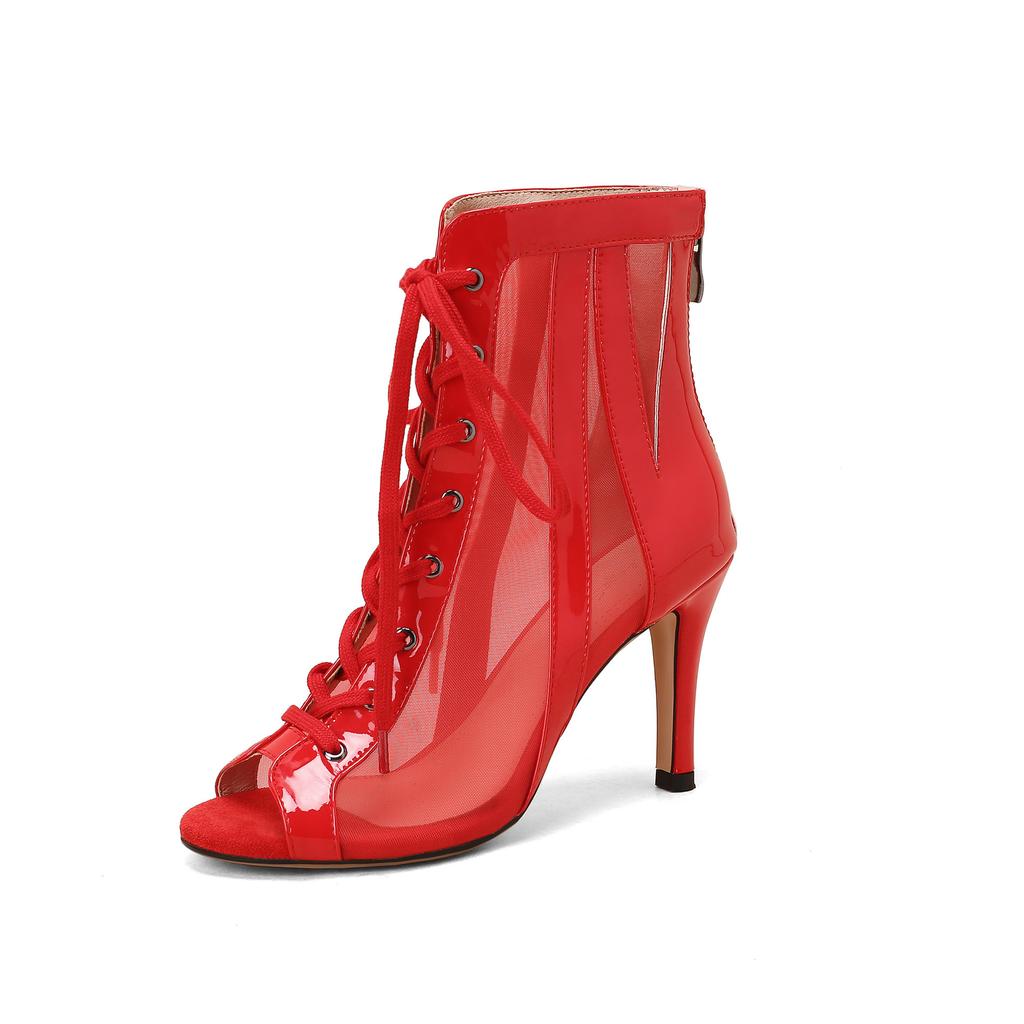 Summer Fish Mouth Mesh British Shoes Front Lace-up Cool Boots High Heel Sandals Large Size Boots