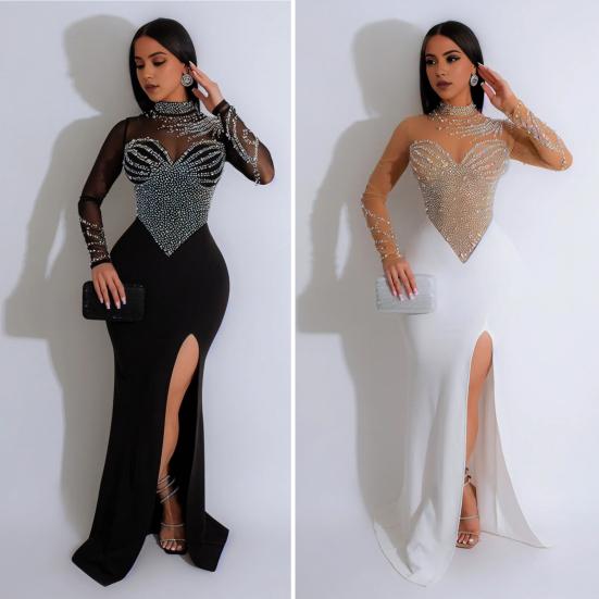 Женское платье с воротником до половины и длинным рукавом с разрезом по бокам, длинное платье из сетки со стразами