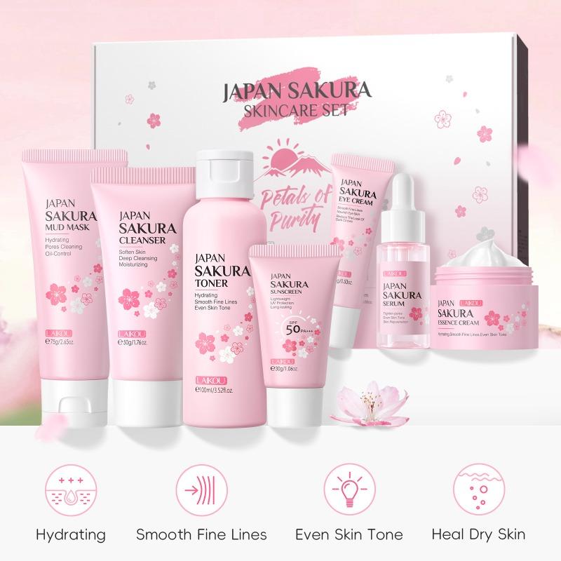 LAIKOU Japan Sakura Skin Care 7-pieces set, Face Cleanser Toner Serum Cream Mud Mask Sunscreen Eye Cream