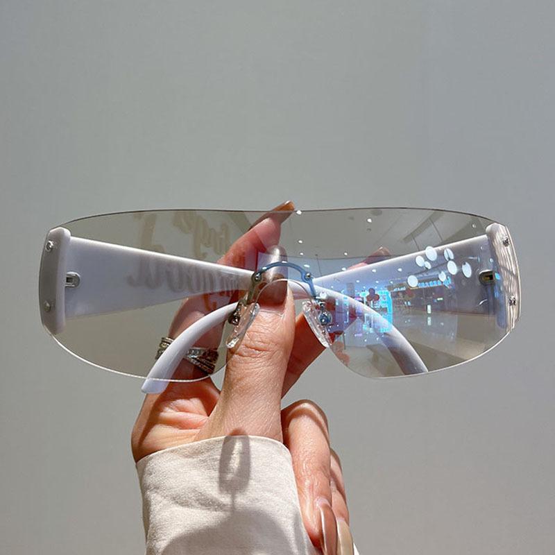 Солнцезащитные очки без оправы Дизайнерские брендовые Женские Мужские Цельные Трендовые Роскошные Солнцезащитные очки Заклепки Стимпанк Розовые Линзы Uv400