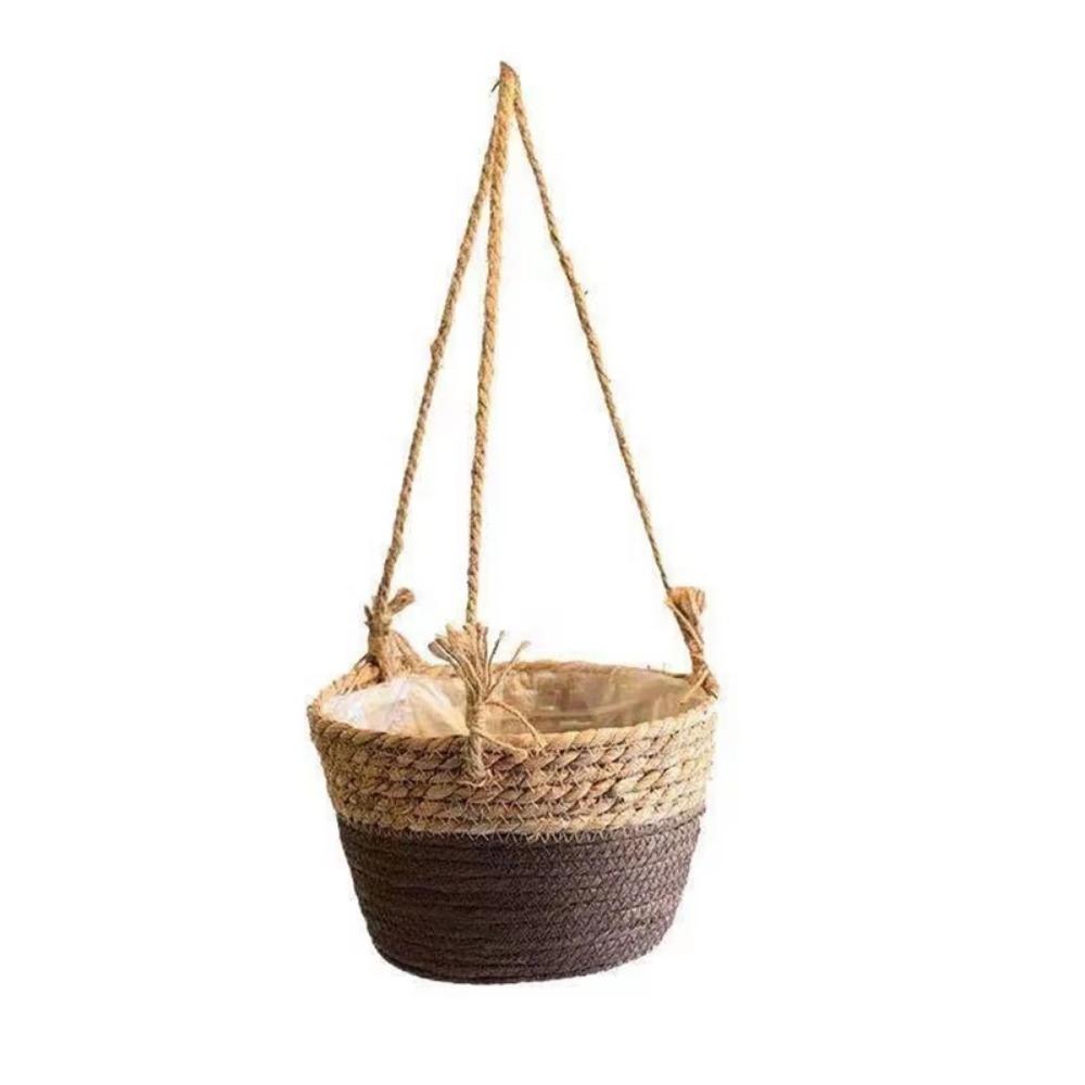 Durable Handwoven Straw Hanging Basket Decorative Waterproof Woven Flower Basket Handmade Plant Storage Basket Garden