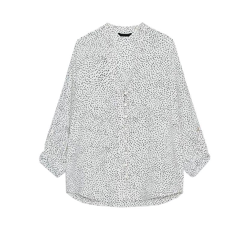 Autumn New Product Women Clothes Casual Style Button Decoration V-neck Can Be Rolled Up Sleeve Polka Dot Long Sleeve Shirts 8038903