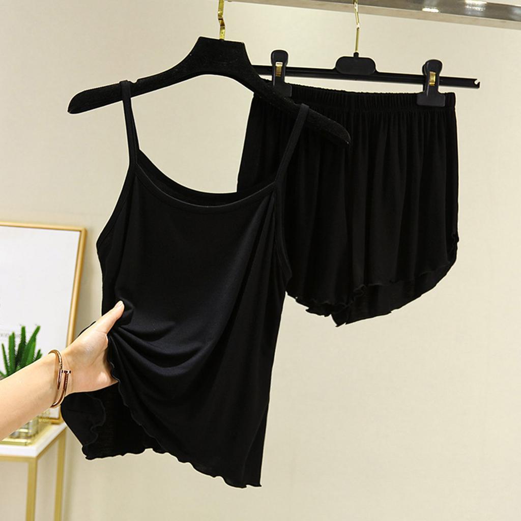 Women's Solid Color Loose Casual Comfortable Suspender Shorts And Pajamas Two-piece Set
