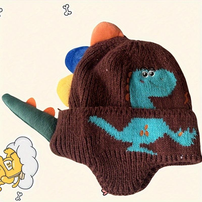 [Holiday Beanie] Lightweight White Acrylic Dinosaur Knit Beanie Hat | Holiday Themed Windproof Ear Protection for Ages 3-14 - Machine Washable