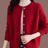 Женское жаккардовое вязаное красное пальто-свитер - Осень 2025 Свободный кардиган с круглым вырезом