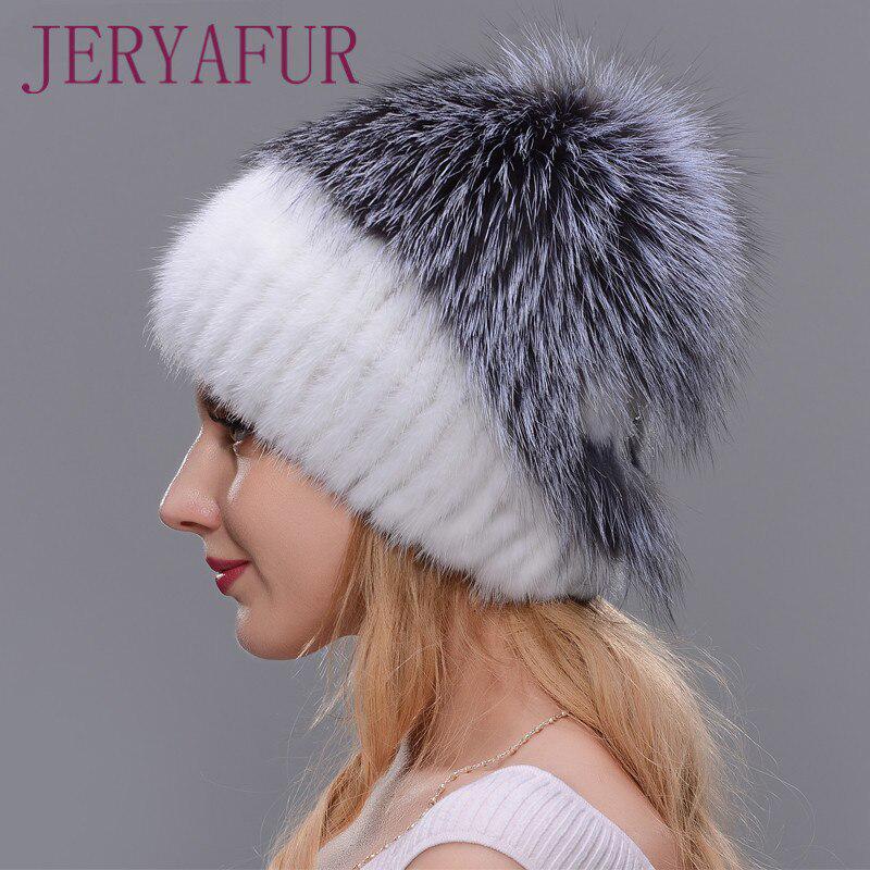 JERYAFUR Женская модная зимняя шапка из натурального меха норки и чернобурки