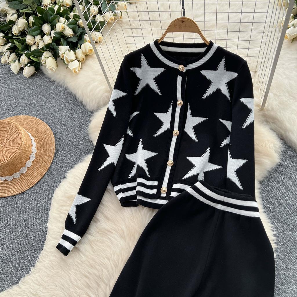Осенне-зимний комплект из вязаного свитера с принтом звезд, женская куртка с длинным рукавом, пальто + брюки, спортивный костюм из двух частей