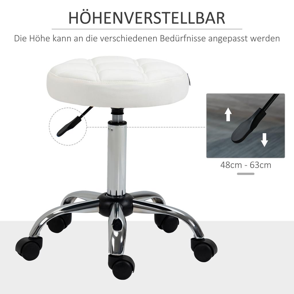 Swivel Stool, Salon Stool, Height Adjustable, Faux Leather, Quilted Design, diameter 35.5 x 48-63 cm, White/Silver