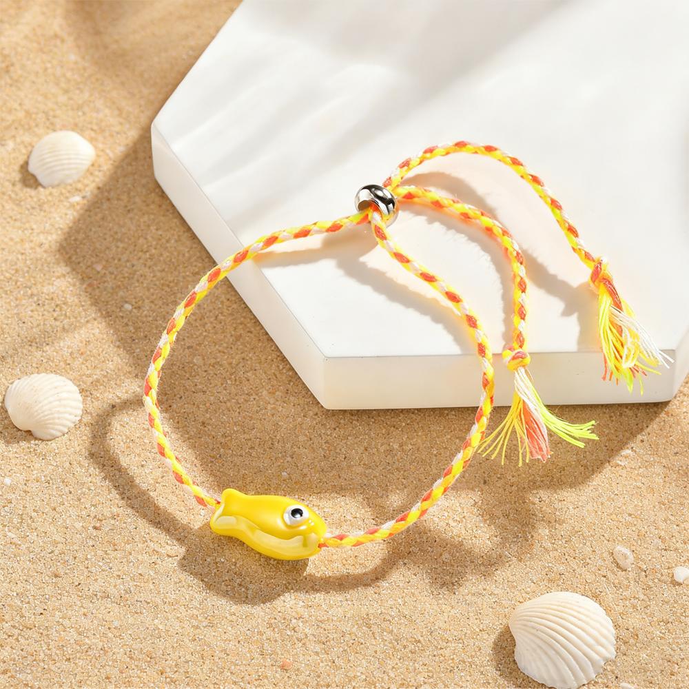 Trendy Multicolored Ceramic Fish Bracelet for Women Adjustable Handmade Woven Rope Wristband Bobo Jewelry Summer Beach Party