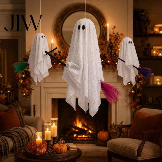 Decorative Ghost for Trees 3 Pcs Halloween Decorations, Spooky Hanging with Broom, Outdoor Seasonal Party Supplies Large Flying White Tree Porch Yard