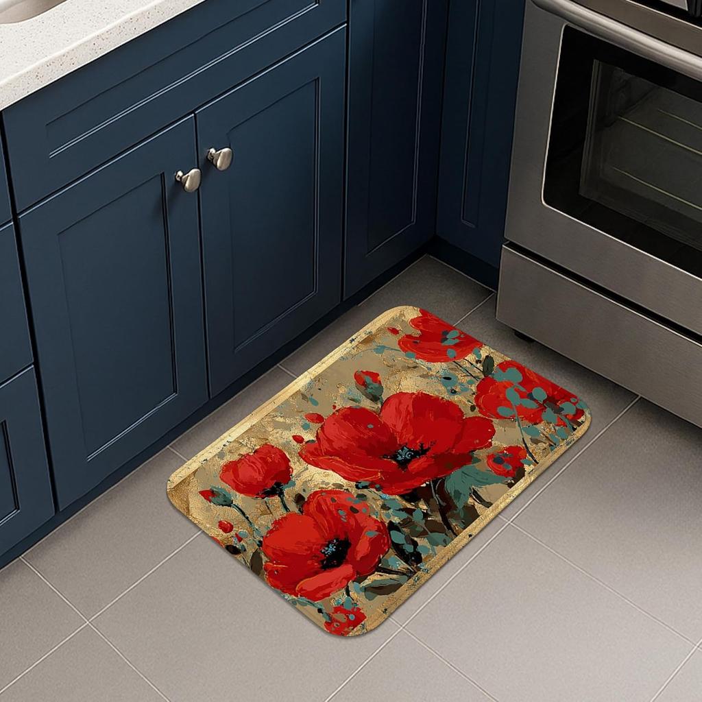 Red Poppy Flower Kitchen Mat Non Slip Soft Anti Fatigue Floor Rug Vintage Floral Decor for Home 16x24 Inch