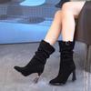 Fashion Pleated High-heeled Mid-calf Boots for Women 2025 autumn/Winter New Style Pointed-toe Stiletto Boots, Elegant Short Boots