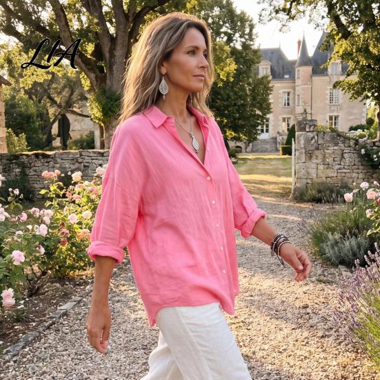 Comfortable Basic Shirts Women Casual Button Front Shirt, Long Sleeve Turndown Collar Blouse, Dropped Shoulder Solid Color Drop Fall Top