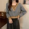Поддельная рубашка из двух частей с V-образным вырезом контрастного цвета, трикотажная нижняя часть, весеннее и осеннее пальто с узким свитером для невысоких женщин, короткий топ