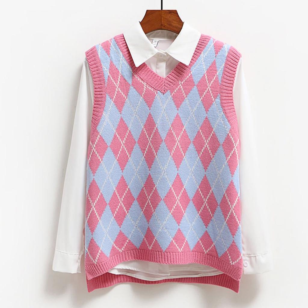 Women's Fashion Diamond Plaid Sleeveless V,neck Loose Student College Knitted Sweater Vest