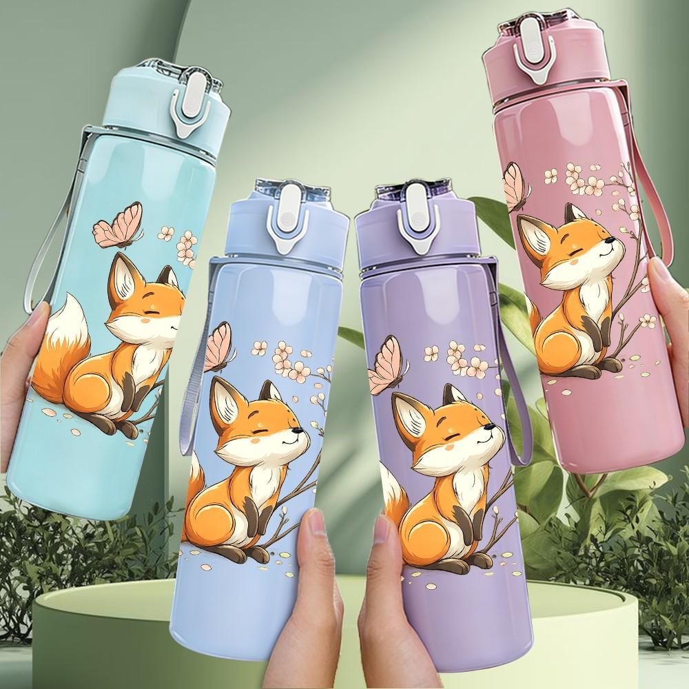 1PC Fluffy Fox Forest Wildlife Print 750ml Color Plastic Sports Water Bottle Leakproof Flip Straw Lid Suitable for Sports Office Home Use