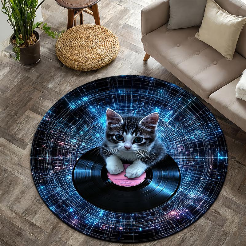 Cat Space Style Flannel-printed round floor mats are slip-resistant Suitable for living room bedroom terrace garden carpets