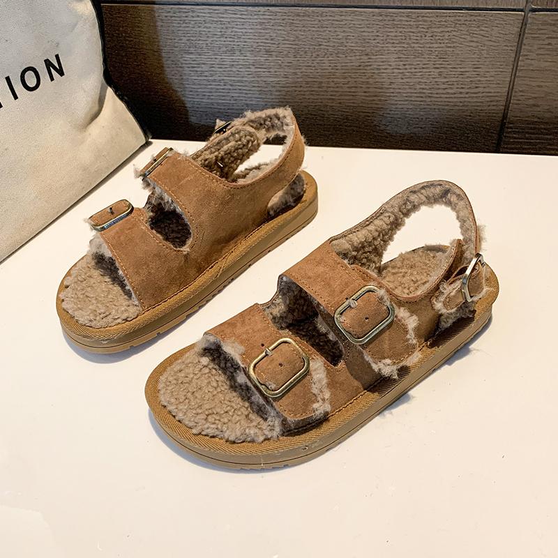 Мода 2024 года, женская шерстяная обувь, зимние сандалии из пробки, сандалии с пряжкой, овечья шерсть, короткие плюшевые туфли с открытым носком, однотонные туфли