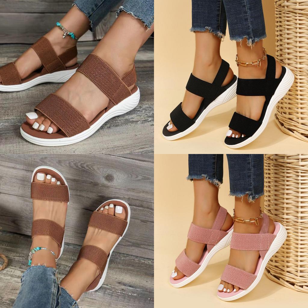 Summer Large Size Women's Shoes Casual Elastic Flat Sandals With Back Strap Fly Knitted Polyurethane Characters)