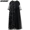 Dimanaf Dress Women 2025 New Plus Size Summer Style Mesh Short Sleeve Chiffon Oversize Solid Loose Basic Dresses Yellow A