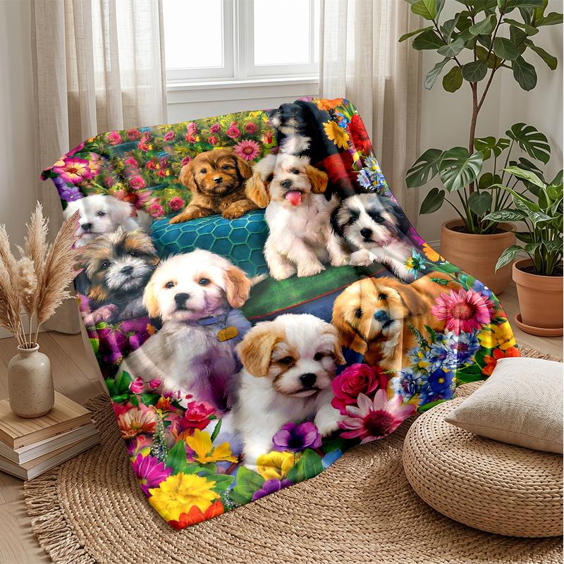 Floral Puppies Garden 3 Theme blanket Lightweight Warm Flannel Blanket Decorative Throw Blanket for Home Decoration
