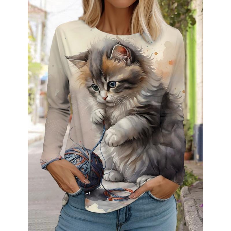 Рождественский женский круглый вырез с длинным рукавом и принтом котенка, длинный рукав, праздничный свитер с 3D-принтом, длинный рукав, весна и осень