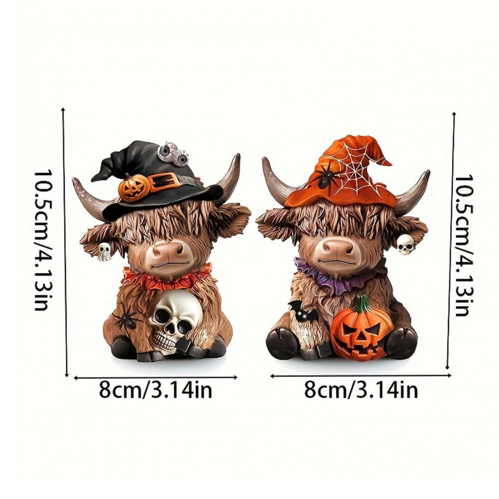 Highland Cow Ornament Highland Cattle Statue Halloween Highland Cow Figurine with Pumpkin Skull Resin Sculpture
