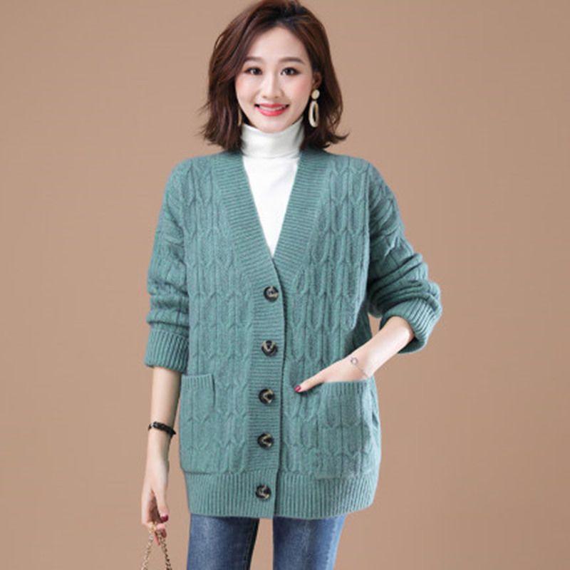 Large Size Women's Knitted Cardigan with Thick Loose Versatile Coat, Solid Color Sweater Jacket