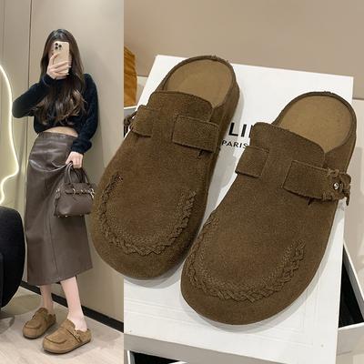 Модная обувь Чехол на носок Лоферы Женские тапочки Низкие шлепанцы Флок 2025 Мягкий Ретро Рим TPR PU Ткань Каблуки-копытца Осенняя обувь Женские слипоны