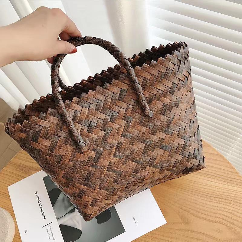 Summer Straw Basket Women Rattan Beach Bag Braided Handmade Handbag Vegetable Basket Tote Bag Vacation Handle Bag