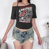 Готическая футболка Y2k Letter Print Off Shoulder Punk Футболки женские Harajuku Летняя уличная одежда Гранж Футболка Эстетичные сексуальные укороченные топы