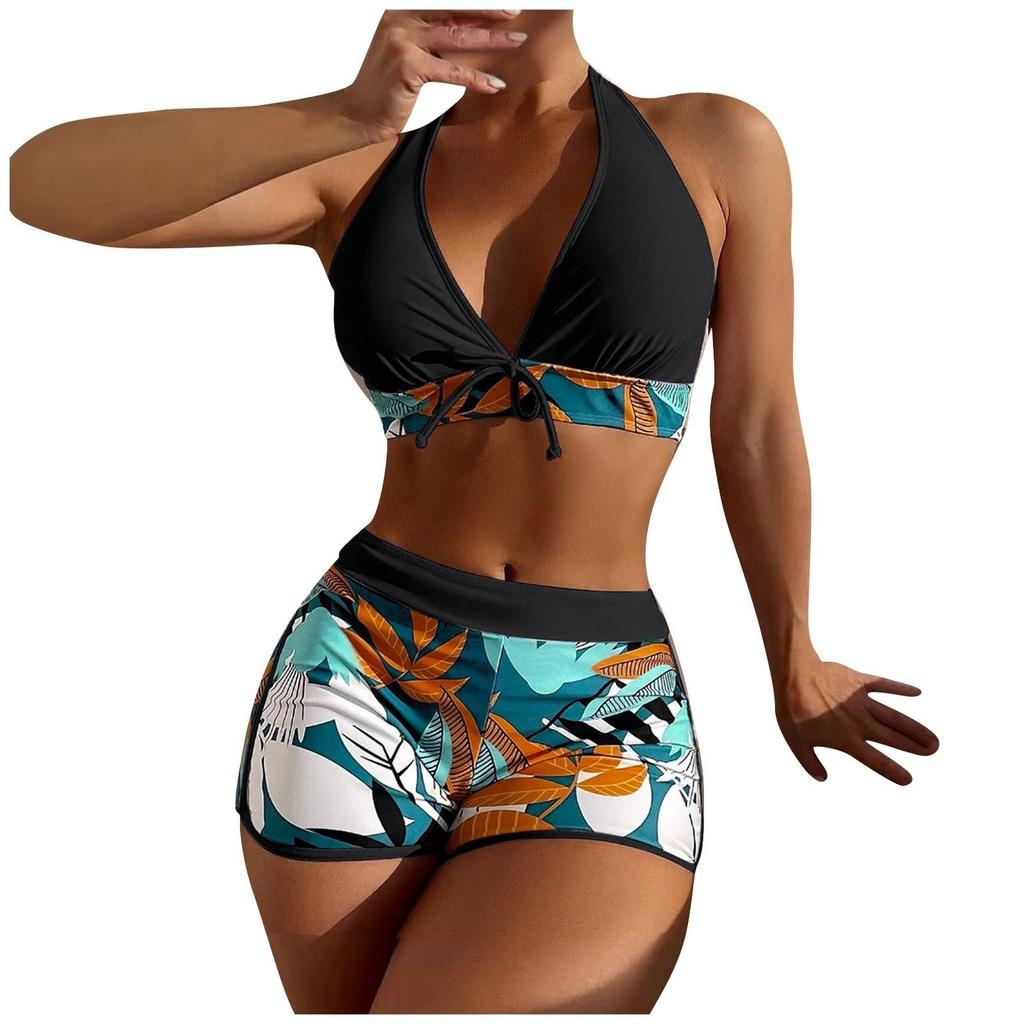 Women's Paneled Printed Swimsuit Ladies Fashion Sexy Split Boxer High Waist Swimsuit Two-Piece Set V-Neck Bathing Suits Female