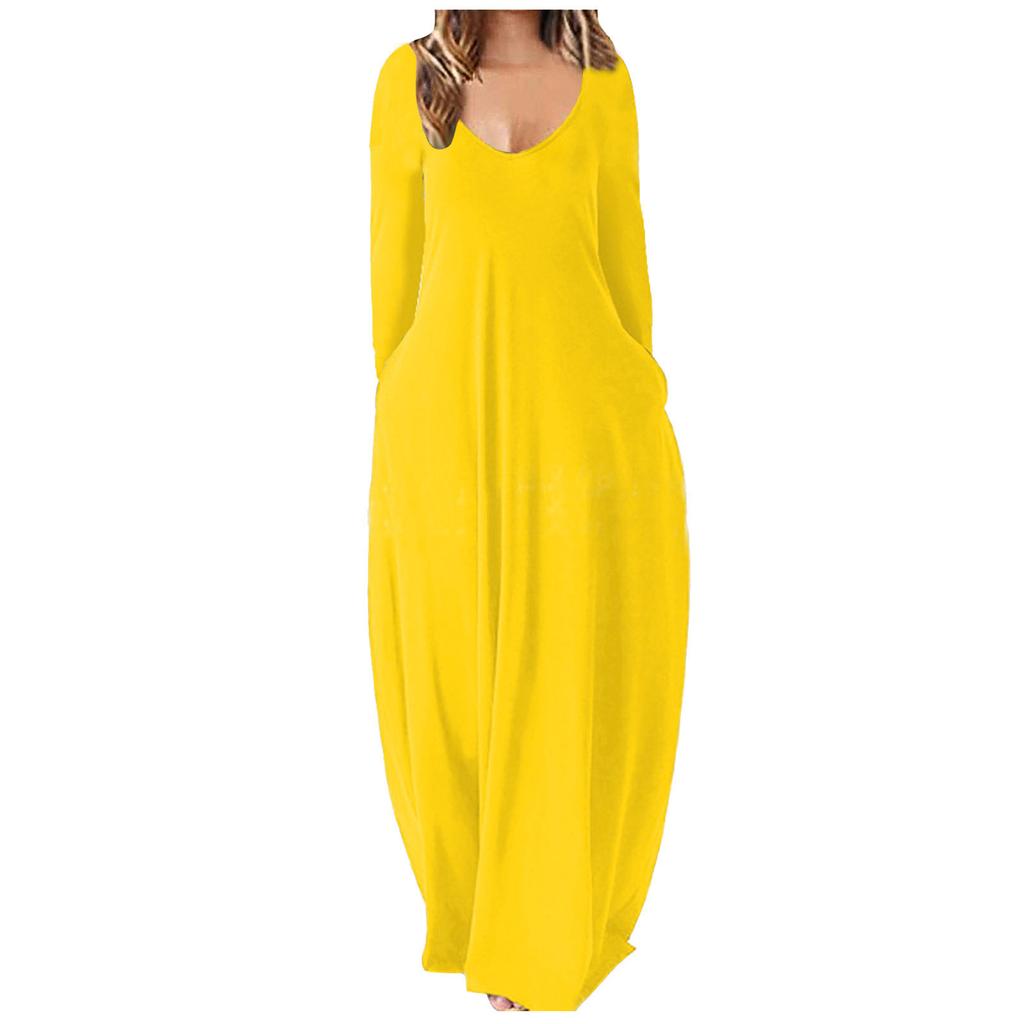 Женское повседневное свободное однотонное длинное платье сексуальное платье с глубоким V-образным вырезом и длинным рукавом