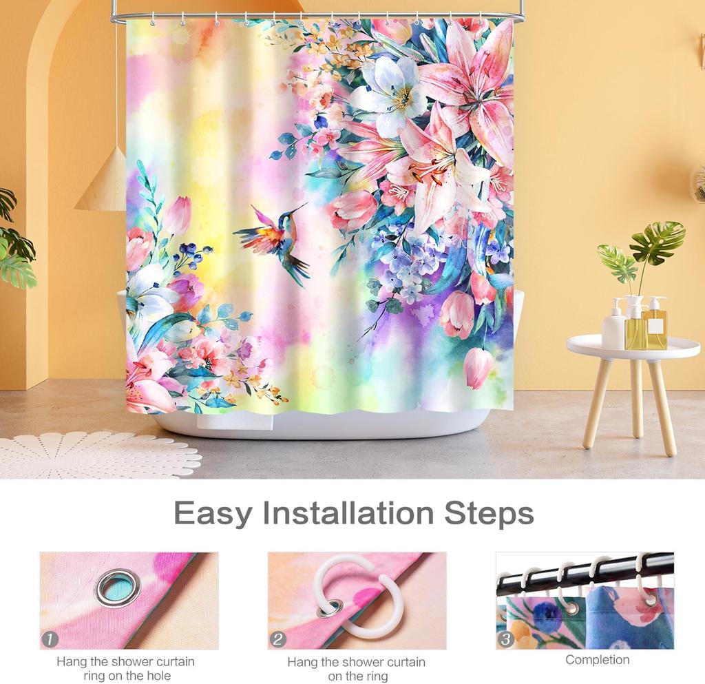 Pastel Watercolor Floral Shower Curtain, Hummingbird & Lily Print, Waterproof Fabric for Bathroom, Soft Nature-Inspired Decor