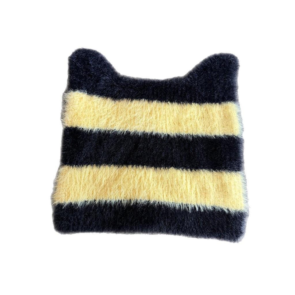 Ears Design Cats Knit Cap With Stripe Style For Daily Cold Weather Outdoor Use