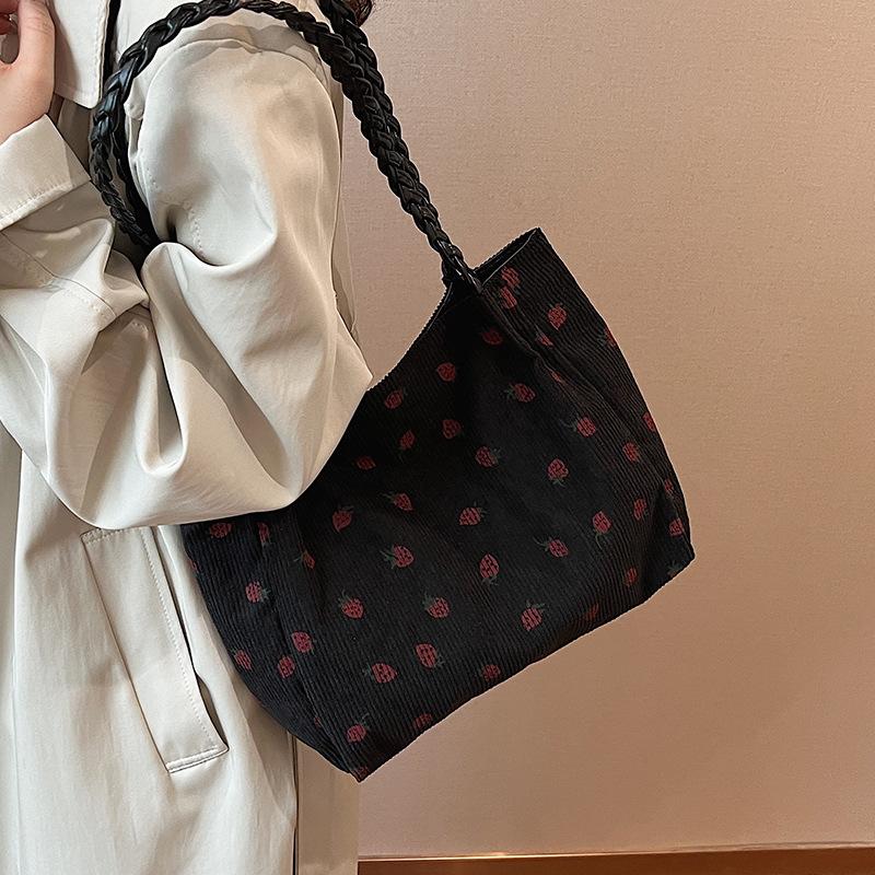 Сумка-тоут для студентов колледжа с клубникой, новая сумка для хранения, большая вместимость, модная сумка на одно плечо из милого холста