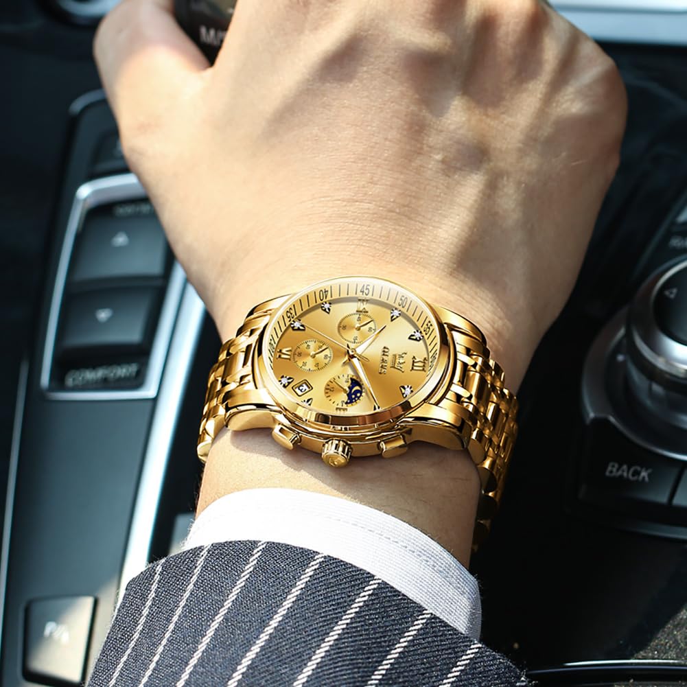 OLEVS Таймер фазы Луны Водонепроницаемые Светящиеся кварцевые часы с браслетом из нержавеющей стали Простые модные часы для мужчин золотые мужские